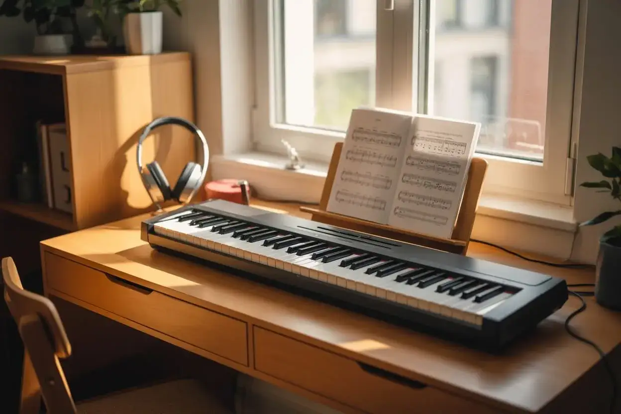 Un piano num&eacute;rique sur un bureau en bois, pr&ecirc;t &agrave; &ecirc;tre jou&eacute;. Id&eacute;al pour ceux qui souhaitent louer un piano num&eacute;rique pour apprendre ou pratiquer.