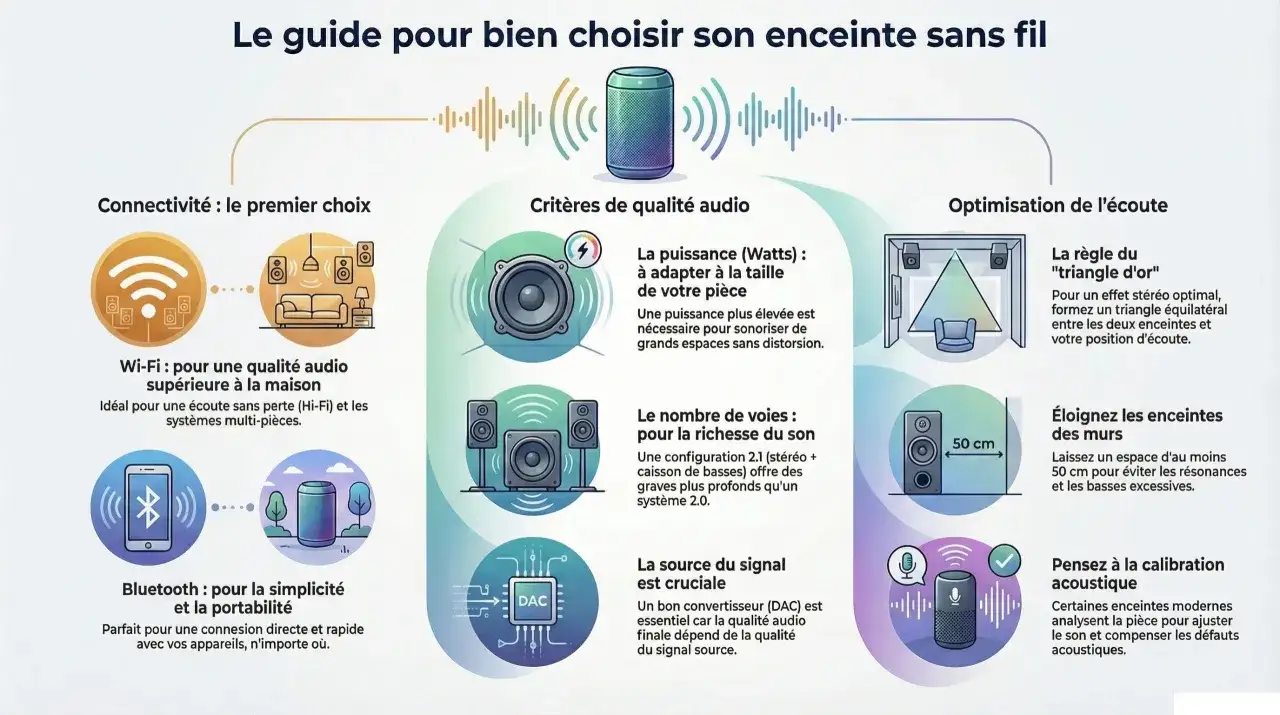 Guide pour choisir une enceinte : la puissance (Watts) s'adapte &agrave; la taille de votre pi&egrave;ce pour un son optimal.