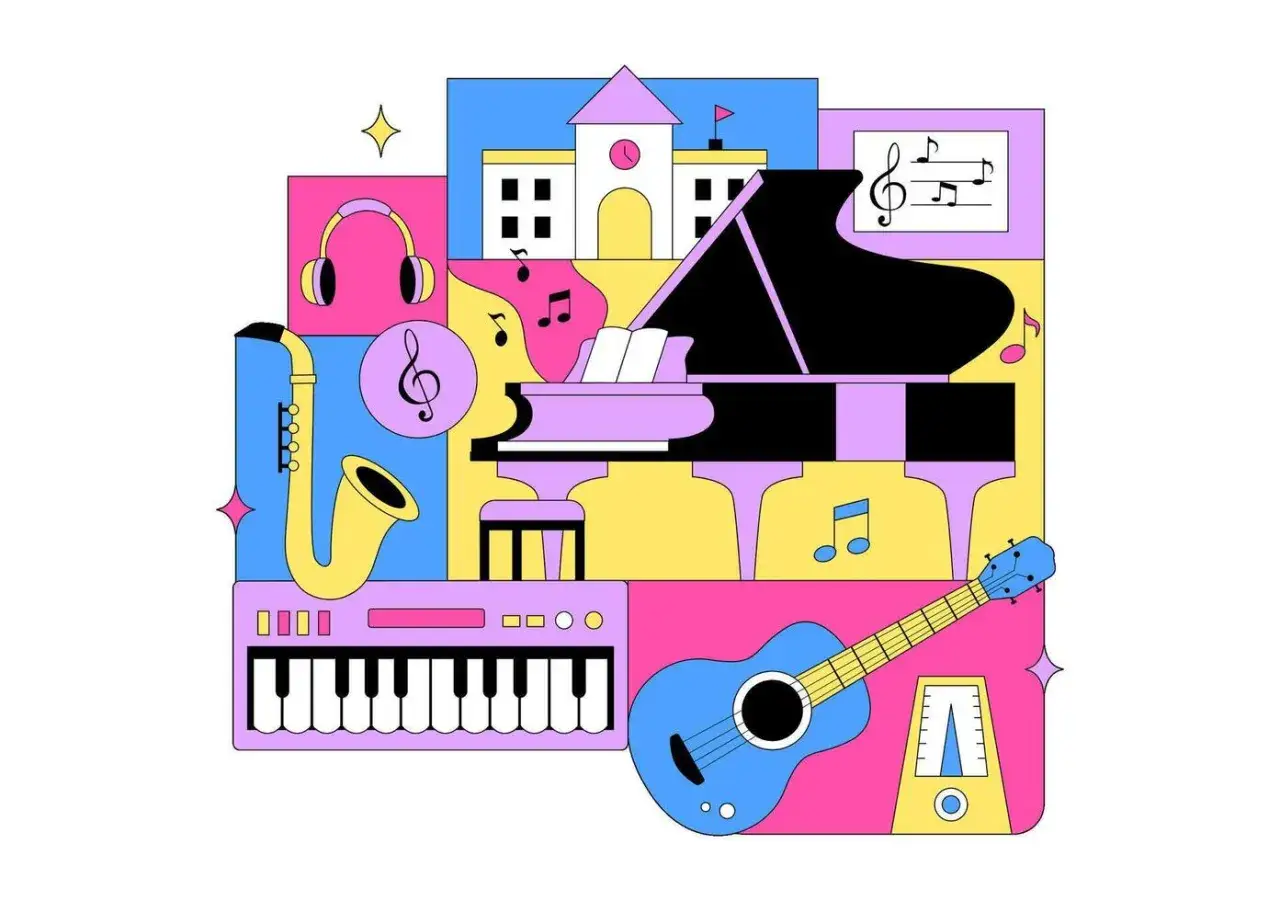 Une composition color&eacute;e d'instruments de musique, incluant un piano &agrave; queue, une guitare bleue, un saxophone, un clavier et des notes de musique. Ces instruments &agrave; cordes et &agrave; vent invitent &agrave; la cr&eacute;ation musicale.