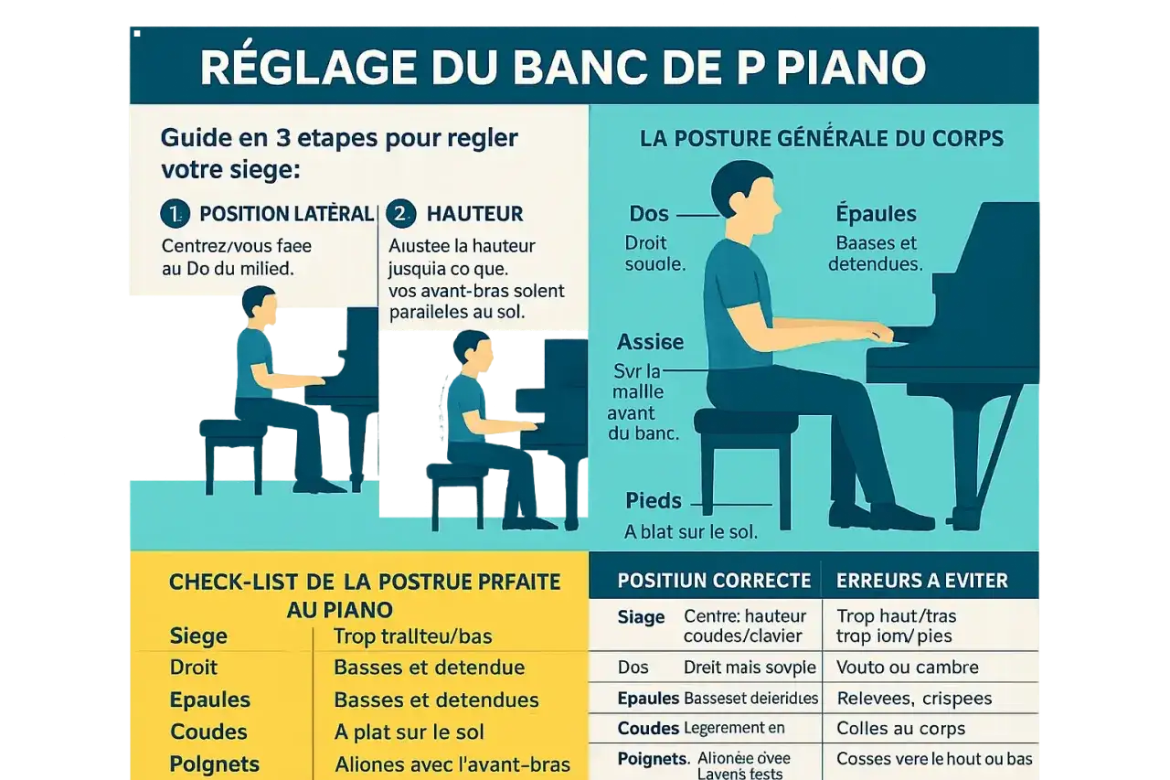 Guide pour régler la hauteur tabouret piano : ajustez pour que vos avant-bras soient parallèles au sol.