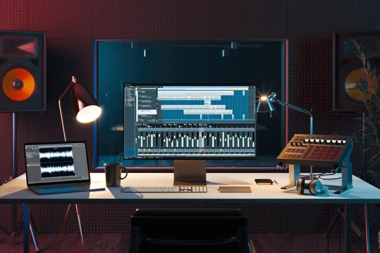 Studio d'enregistrement avec écran affichant un logiciel de production musicale, un sample en musique est en cours de création.