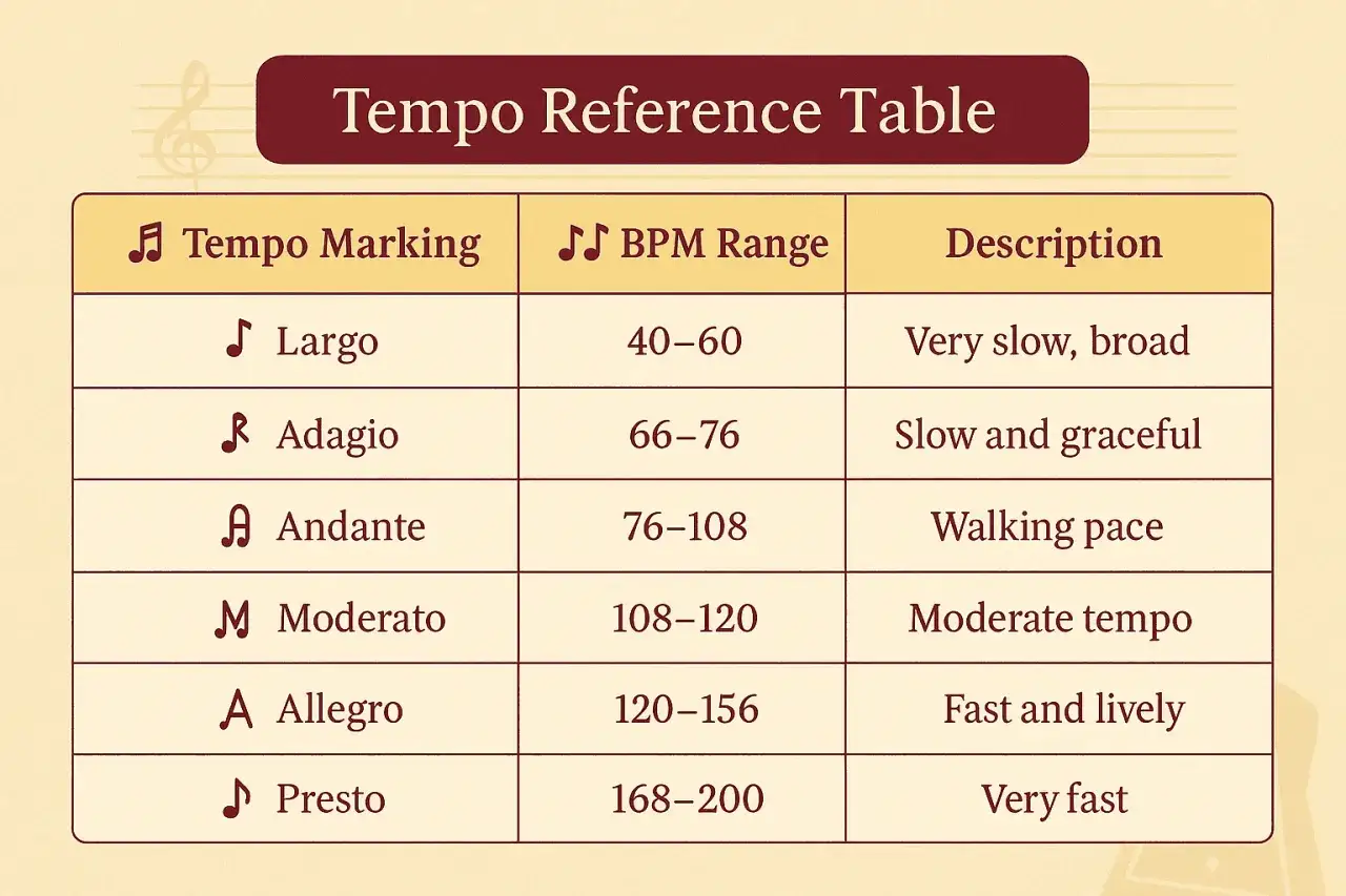 Tableau de référence des tempos musicaux, expliquant la métronome définition pour chaque indication (Largo, Adagio, etc.) avec sa plage de BPM et sa description.