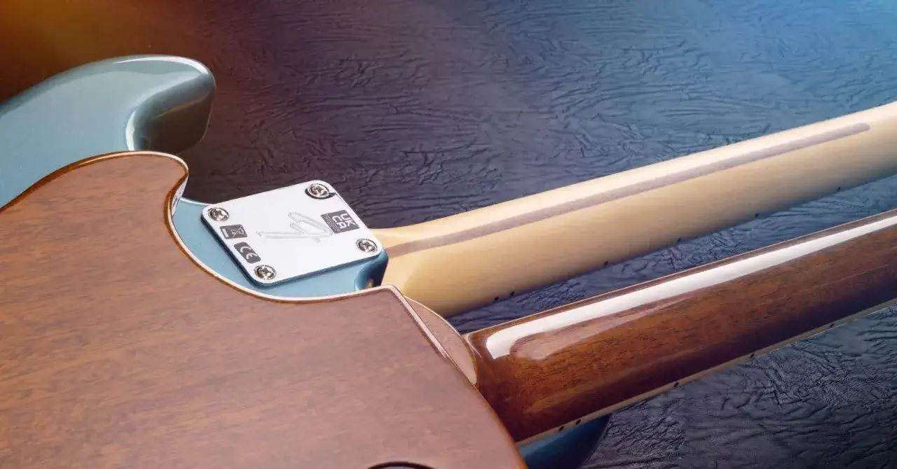 Deux manches de guitare, l'un en &eacute;rable clair, l'autre en bois sombre, se rejoignent sur le corps d'une basse jazz ou precision.