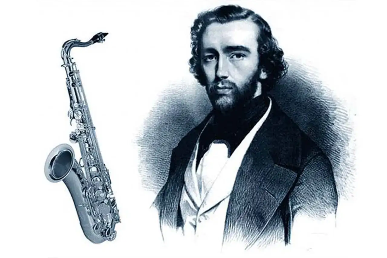 Adolphe Sax, inventeur du saxophone, et son instrument emblématique. L'origine du saxophone est ici illustrée.