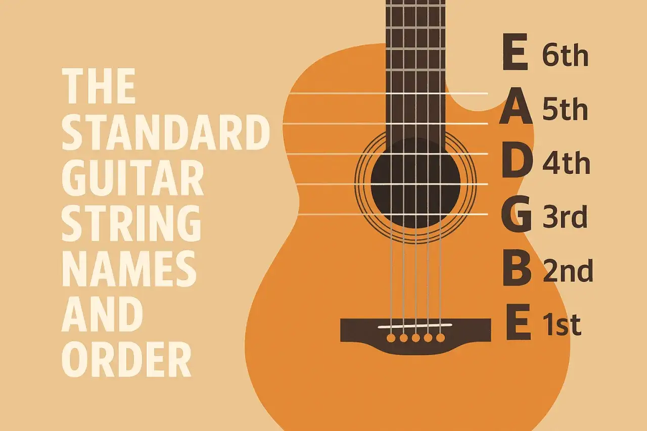 Une guitare acoustique avec ses 6 cordes : E, A, D, G, B, E. Apprenez combien de cordes sur une guitare et leur nom.