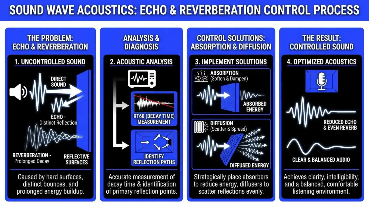 Le sch&eacute;ma explique le contr&ocirc;le de la r&eacute;verb&eacute;ration, de l'&eacute;cho et du son. Il montre comment analyser et r&eacute;soudre les probl&egrave;mes acoustiques pour un son clair.