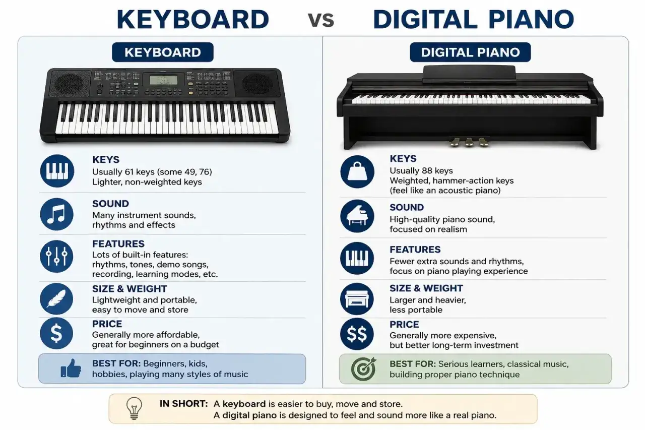 Comparaison entre un clavier et un piano numérique. Le clavier est plus léger et polyvalent, idéal pour débuter. Le piano numérique offre un toucher et un son plus réalistes.