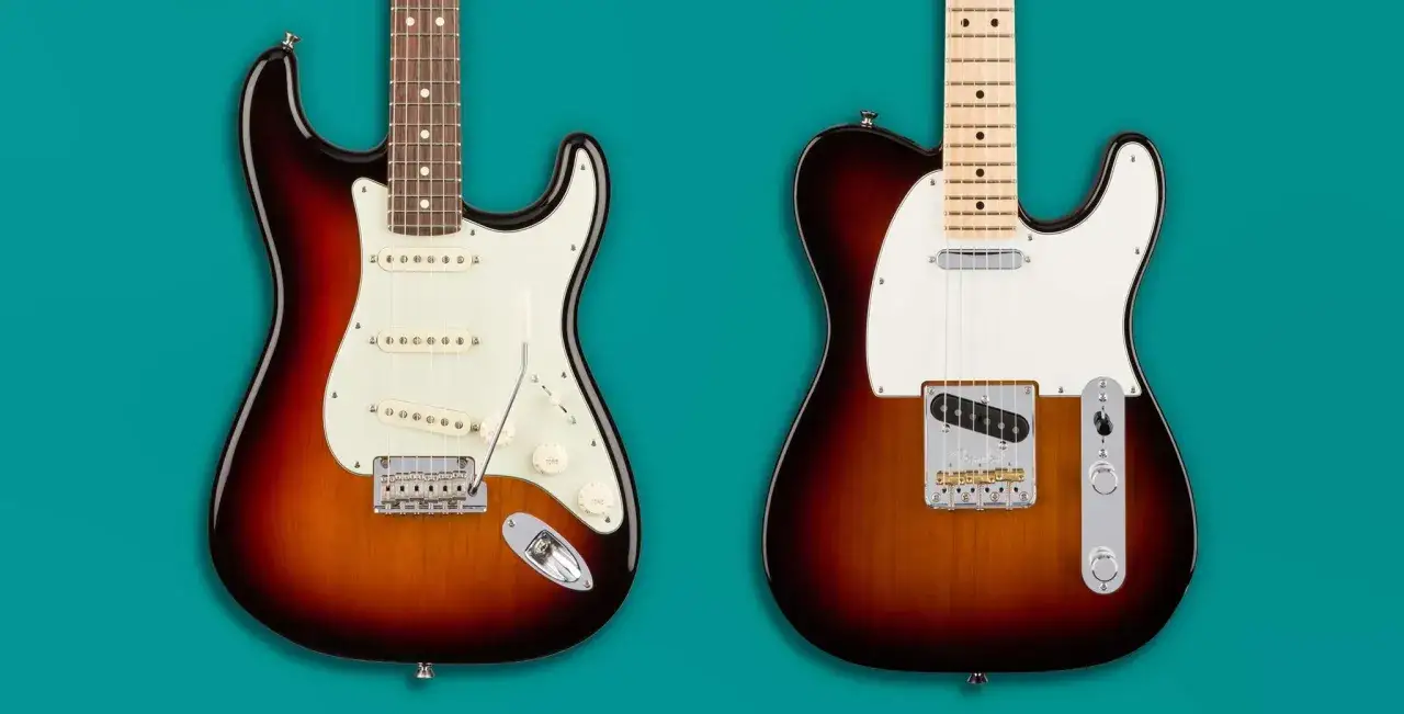 Stratocaster vs Telecaster : deux guitares embl&eacute;matiques c&ocirc;te &agrave; c&ocirc;te, l'une avec trois micros, l'autre avec deux.