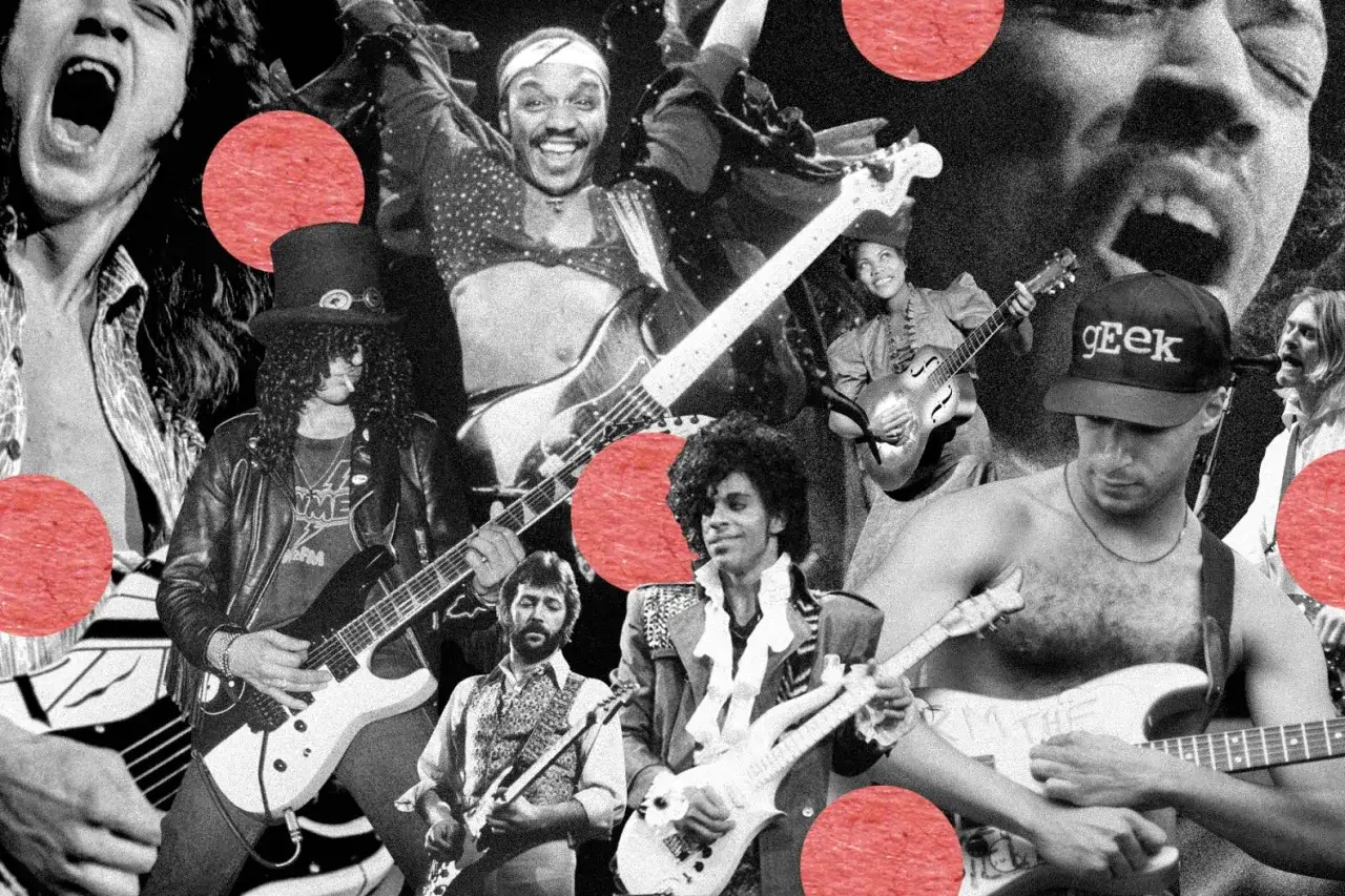 Collage de l&eacute;gendes de la guitare &eacute;lectrique : Slash, Prince, Jimi Hendrix, et d'autres, capturant l'&eacute;nergie d'un solo guitare &eacute;lectrique c&eacute;l&egrave;bre.