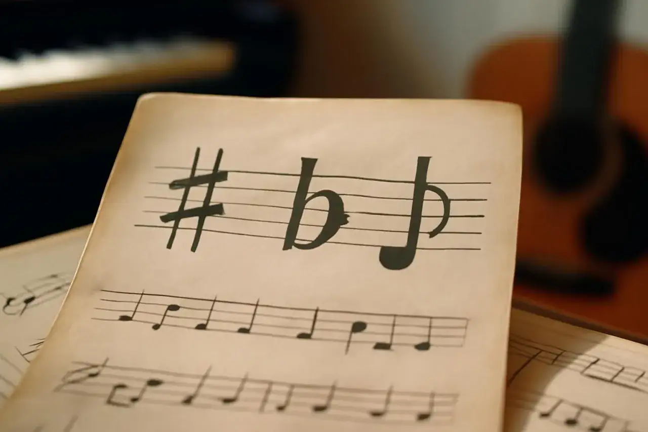Partition de musique avec un dièse et deux bémols. Des notes de musique sont écrites sur les portées.