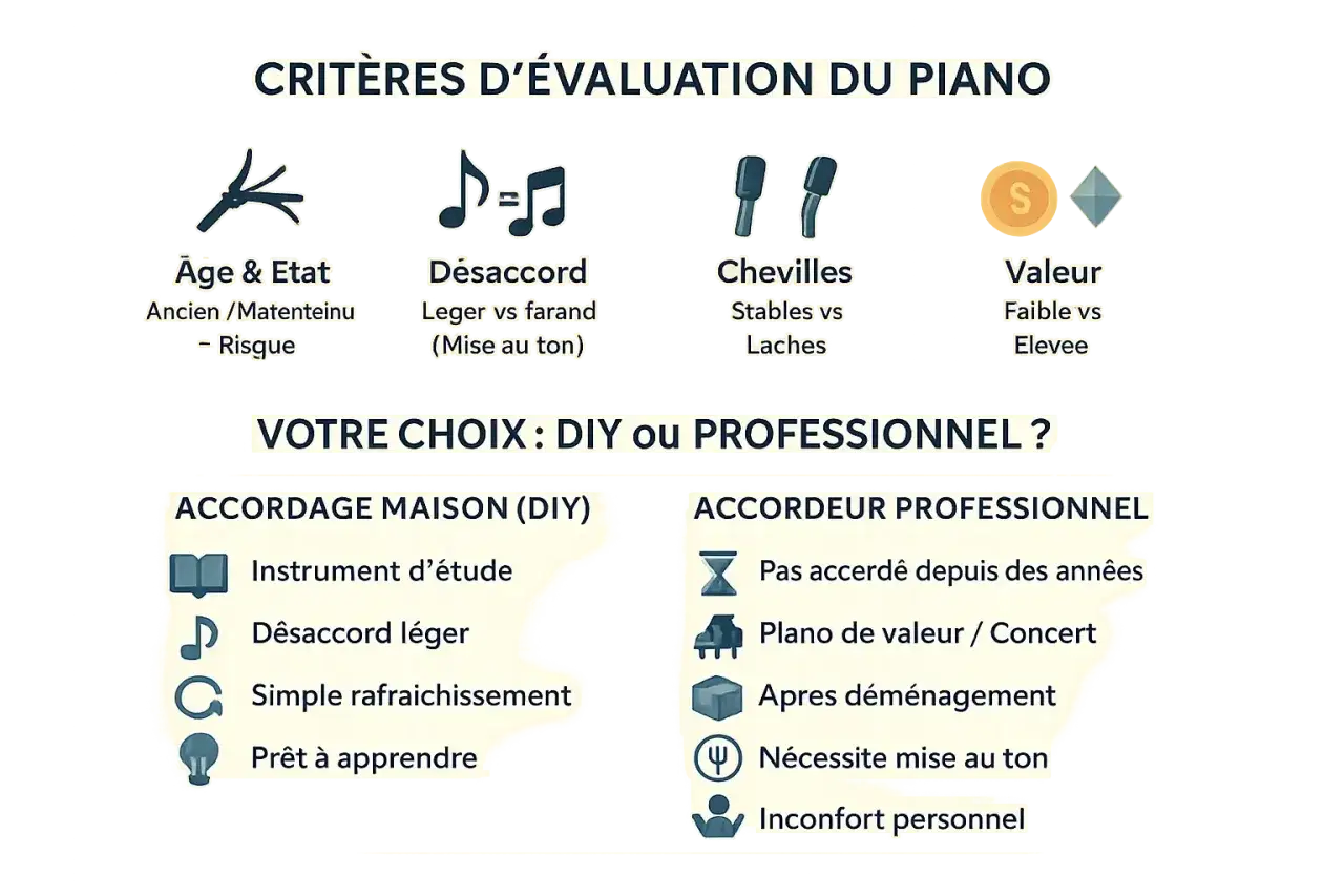 Critères d'évaluation du piano : âge, désaccord, chevilles, valeur. DIY ou professionnel pour l'accord piano ?