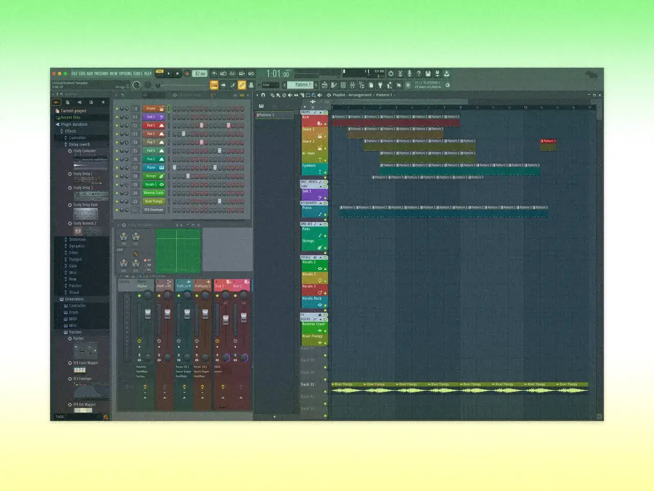 Interface de FL Studio pour apprendre à créer de la musique. Des pistes audio et MIDI sont visibles, prêtes pour l'expérimentation.