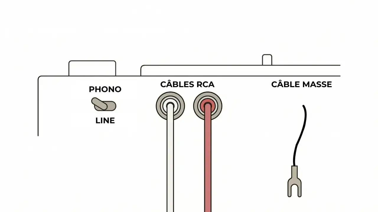 Connexion d'une platine vinyle : le s&eacute;lecteur PHONO/LINE, les c&acirc;bles RCA et le c&acirc;ble de masse pour une sortie phono parfaite.